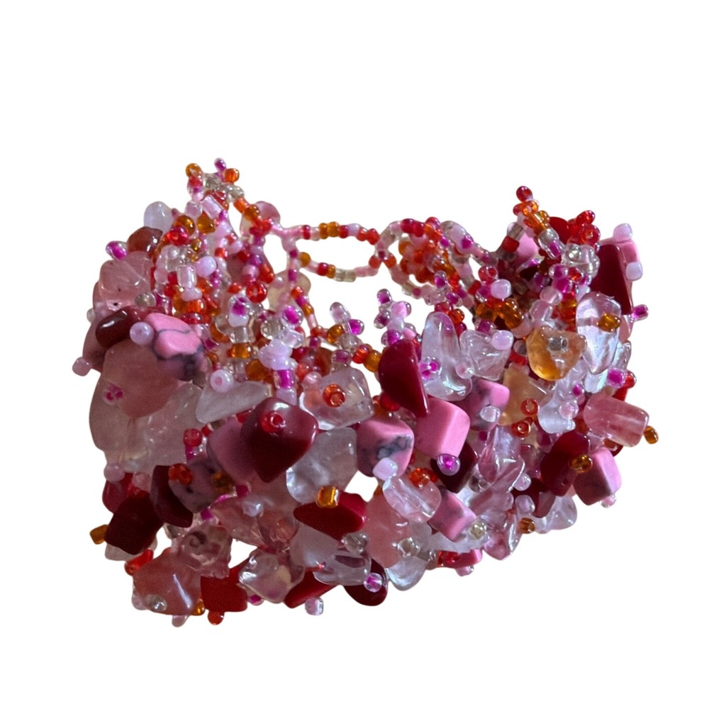 Pink Red Orange Multi Strand Beaded Cuff Statement Bracelet Stone Chip 1523